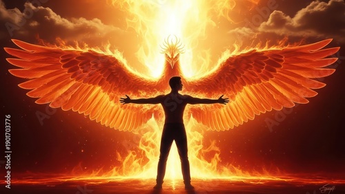 Silhouette of a figure with fiery wings symbolizing transformation and rebirth standing amid