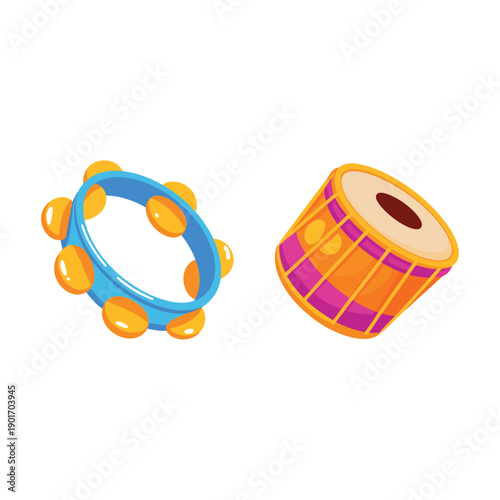 Music instruments for holi celebration with dhol drum and tambourine icons, festival party banner, dance event poster, cultural design