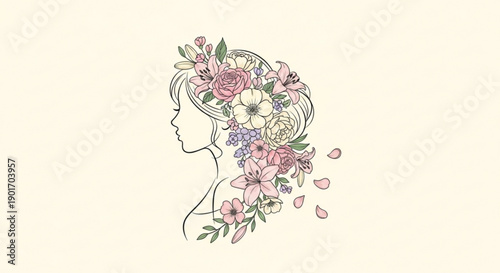 Woman's head outline decorated with colorful flowers in hair floral crown elegant line art on cream background