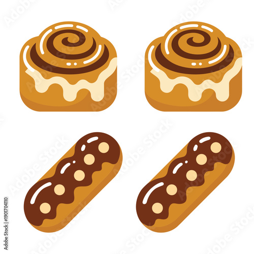 Bakery pastry icons, cinnamon rolls and chocolate eclairs, dessert festival menu art, cafe promotion banner, bake sale signage vector