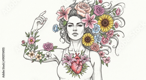 Woman with flowers in hair and heart on chest floral illustration symbolizing love and nature