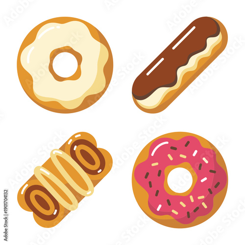 Bakery assortment, bagel, eclair, pastry roll, sprinkled donut, food truck festival art, farmers market booth sign, breakfast treat vector