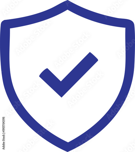 Blue outline shield with a check mark symbol inside on a white background Keywords: shield