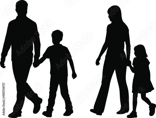 Silhouette of happy family walking together holding hands mother father and two children isolated on white background digital stock illustration