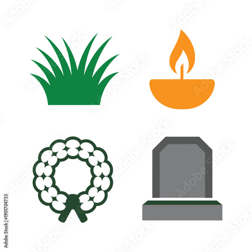 Graveyard elements vector icons with grass tuft, memorial candle lamp, funeral wreath, headstone marker, remembrance vigil graphics for ceremony
