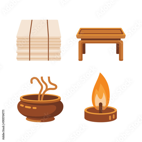 Ancestor altar vector set with offering table, incense burner, oil lamp, joss paper stack, memorial ritual, tomb sweeping, shrine ceremony