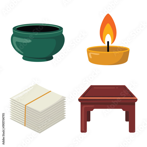 Incense pot and flame lamp with prayer table, folded joss paper, ancestor remembrance icons, grave visit, tomb sweeping festival design