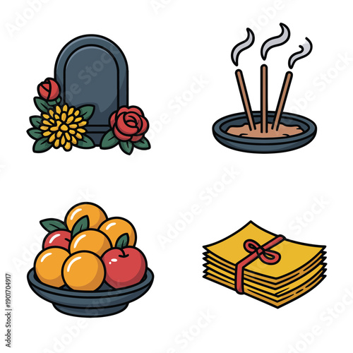 Memorial ceremony offerings set, tomb sweeping day graphics, incense lighting, fruit tribute, remembrance prayers, candle vigil session, ancestral rites workshop