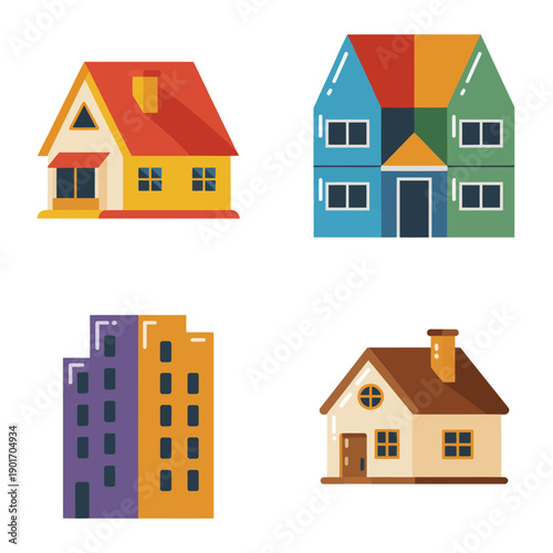 Home buying fair illustration set, suburban houses, townhomes, condo tower, buyer seminar session, inspection checklist talk, contractor Q and A