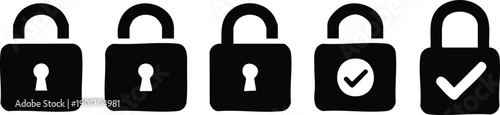 Row of black padlock with keyholes and checkmarks on a white background Keywords: padlock, lock