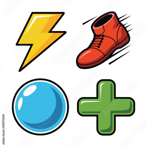 Power up icons, lightning bolt boost, running shoe speed, magic orb shield, green health plus, gaming event session vector