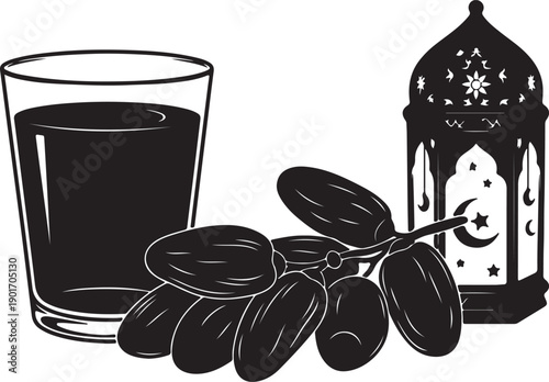 Silhouette of a Muslim Family Having Iftar Dinner Together, Ramadan Community and Tradition Illustration