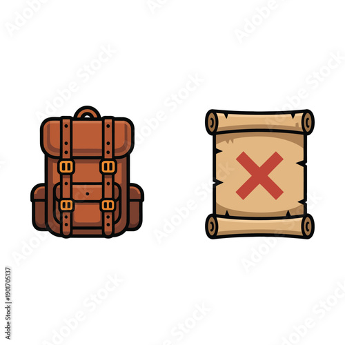 Hiking adventure day icons, travel backpack, route map with cross, outdoor camp session branding, scouting event poster vector graphic