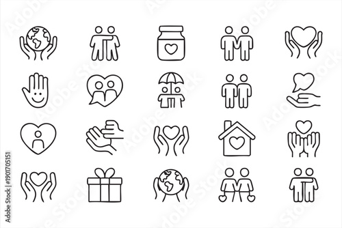 Charity Heart and Helping Hands Line Icons Set