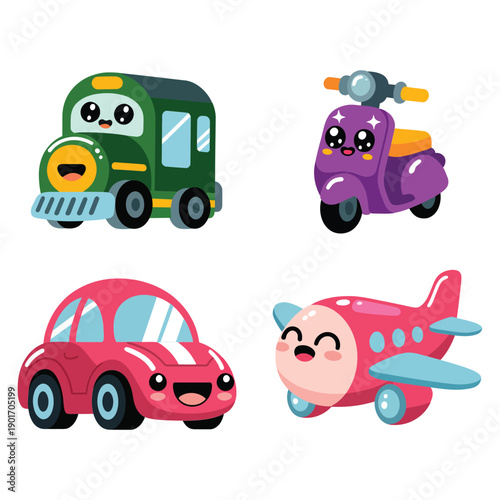 Cartoon transportation vector set with smiling bus, purple scooter, pink airplane and compact car, perfect for preschool learning, birthday invitations