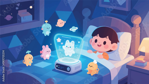 Illustration Of A Small Device That Displays Cute Holographic Characters Around The Child, Creating An Imaginative Bedtime Atmosphere Vector Design Template
