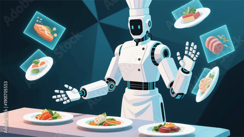 Illustration Of A Robot Chef With Multifunctional Arms Preparing A Holographic Dish For Demonstration, Digital Food Ingredients Floating In The Air Vector Design Template
