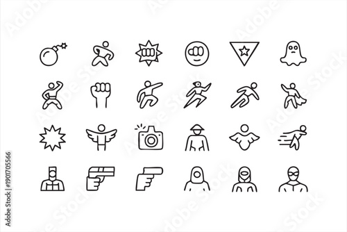 Comic Hero and Power Outline Icons Set