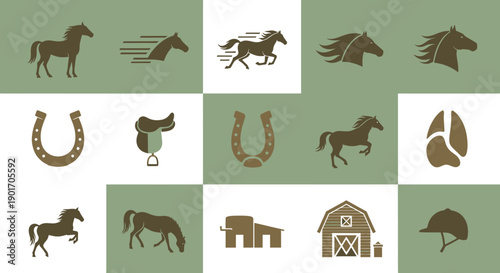 A collection of equestrian-themed icons featuring horses, saddles, horseshoes, barns, and helmets on a muted green background.