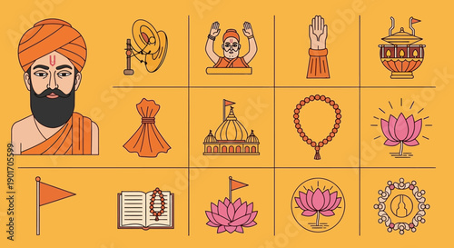 A vibrant illustration showcasing various symbols and figures associated with Hinduism, including a guru, religious artifacts, and sacred imagery.