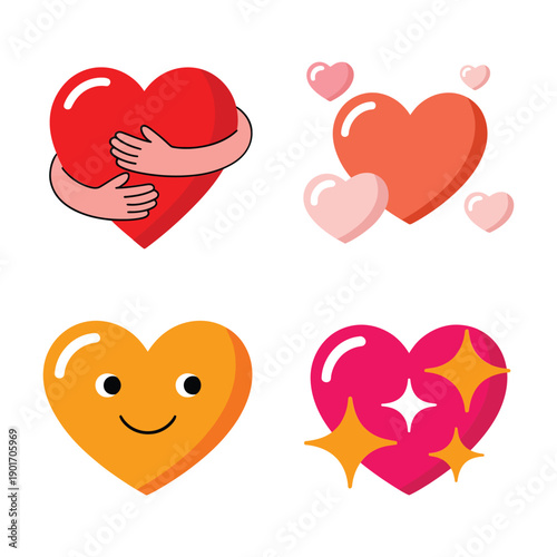 Positive heart icons set, hugging heart, sparkling love badge, kindness campaign banner, compassion practice session, community gratitude workshop activities