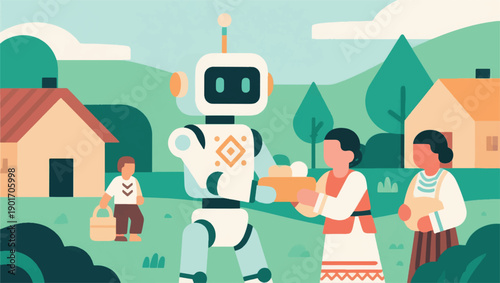 Illustration Of A Modern Robot Helping Villagers With A Natural Background Vector Design Template