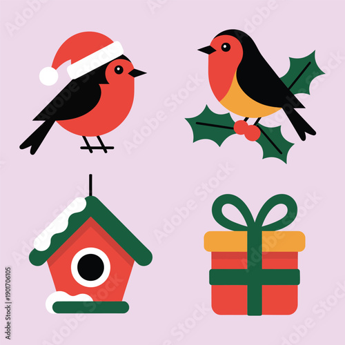 Robin pair with santa hat, gift and birdhouse, merry Christmas card layout, family party session decoration, seasonal illustration vector
