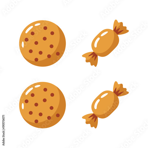 Holiday sweets icons, cookies and wrapped candies, Christmas party snack graphics, bake sale event session materials, festive dessert vector