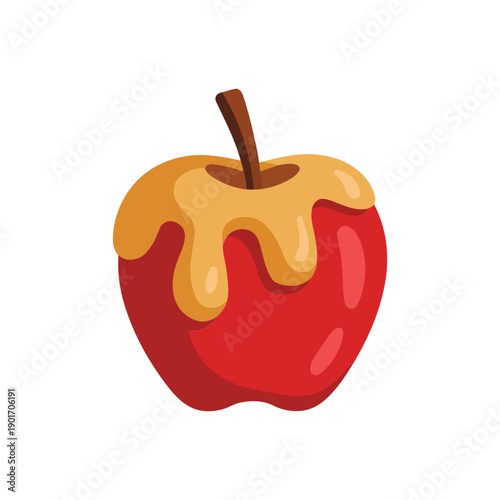 Caramel candy apple illustration with golden drip glaze on red fruit, autumn fair treat icon for harvest festival, bakery, party