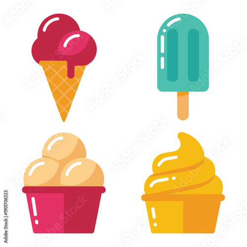 Colorful ice cream icons with pink scoop cone, teal popsicle and vanilla cup, sweet dessert clipart for birthday, kids menu