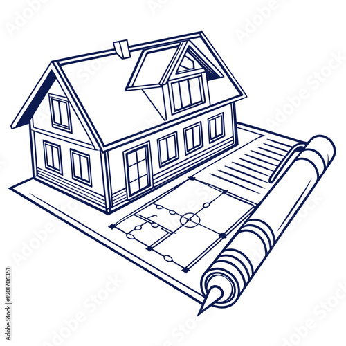 Architectural blueprint of a house with a detailed floor plan and exterior design.