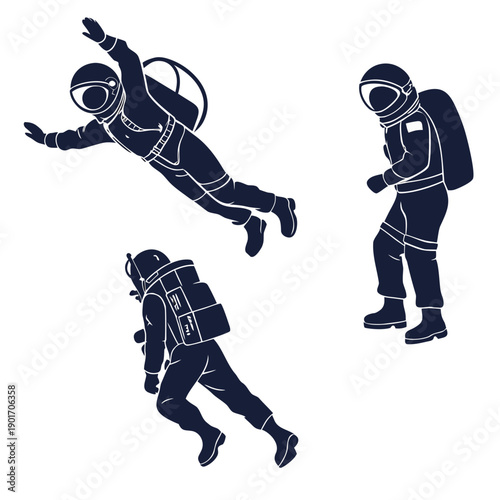 Three astronauts floating in space, showcasing different poses and orientations.