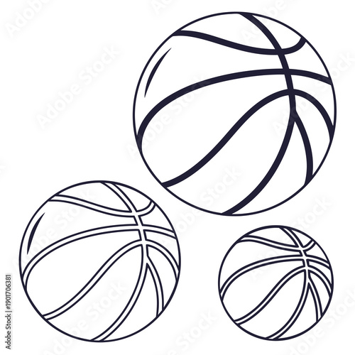 Three basketballs of varying sizes drawn in black and white