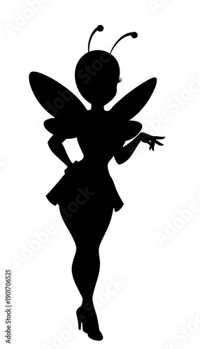 Magical Fairy Silhouette with Wings and Antennae Black Shadow Illustration