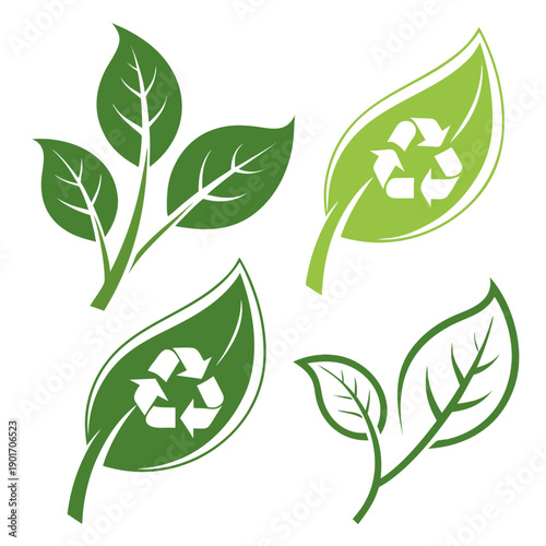 Green leaves with recycling symbols representing environmental sustainability