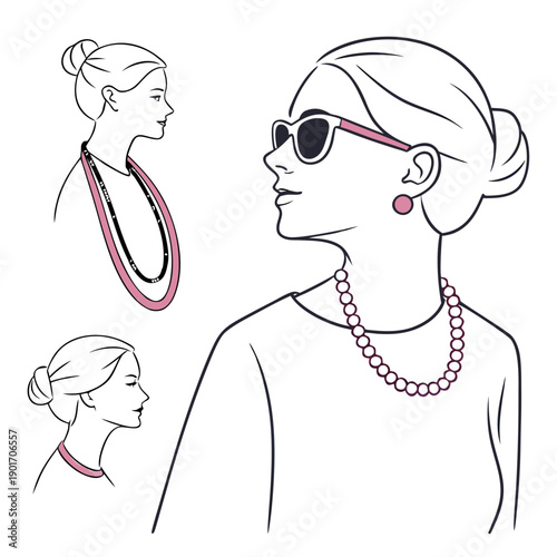 Vintage illustration of women showcasing different pearl necklaces and sunglasses