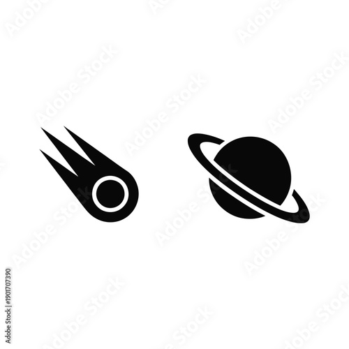 Astronomy icon set, black comet, ringed planet, night sky festival branding, telescope demonstration session, astrophotography tips workshop for beginners