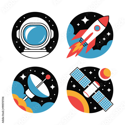 Exploration badges with rocket, planet ring, astronaut visor, communication satellite, kids space camp session materials, STEM night branding vector
