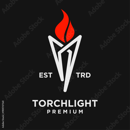 Modern Stylized Torch and Flame Logo Vector Icon Design on Black Background
