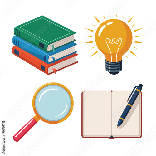 Education study tools vector set with books, magnifying glass, notebook, pen, idea bulb, back to school classroom learning resources