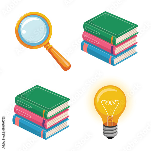 Magnifying glass, stacked books and bright light bulb icons for research project, study skills workshop, library event promotion materials