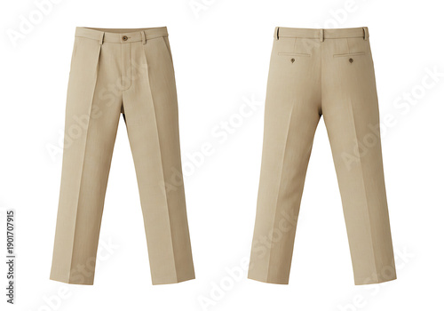 Khaki trousers displayed on a white background, showcasing the front and back details with a clean and professional presentation.
