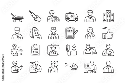 Doctor, Nurse, and Emergency Care Line Icon Set