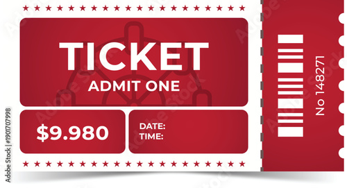 Red Modern Vintage Event Ticket Layout, Admit One Retro Design