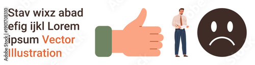 Feedback system, emotional expression, decision-making, online reviews, approval and rejection, user interaction. Thumbs-up icon, sad face and professional male figure. Feedback system and emotional