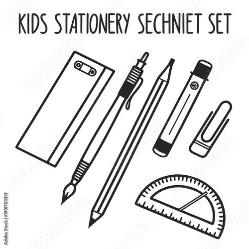 A collection of various stationery items including pens, pencils, and a ruler.