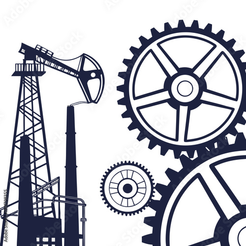 Intricate mechanical gears and oil derrick illustration in monochromatic design
