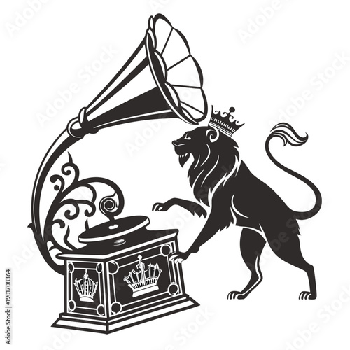 A black and white illustration of a bull with a lion's tail listening to a gramophone