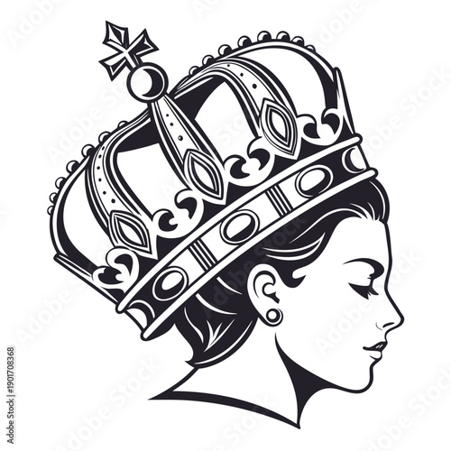 Elegant woman wearing a regal crown with intricate details and jewels