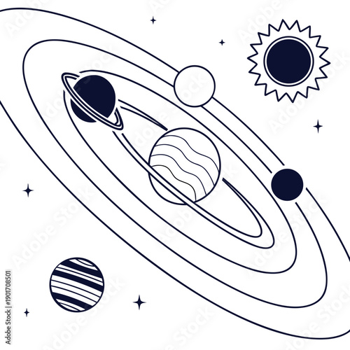 A detailed illustration of a solar system with planets and stars in orbit.